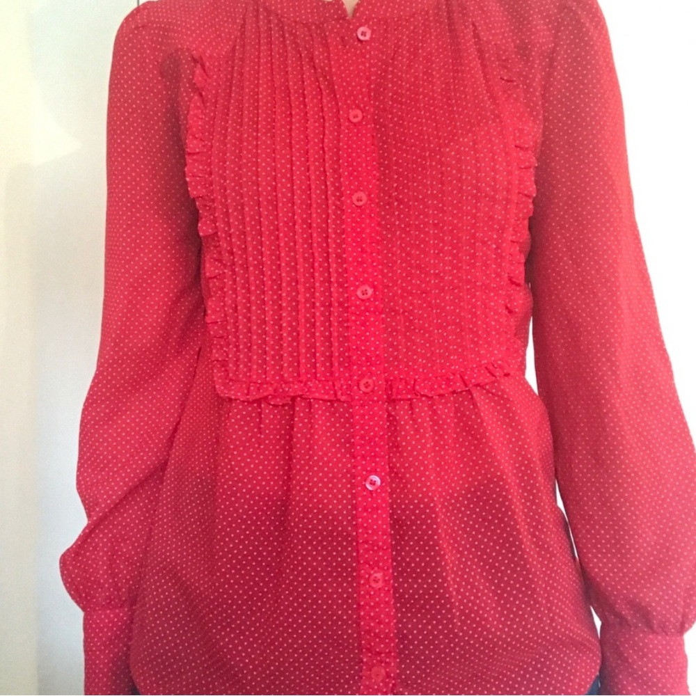 JCrew red with small white polka dot blouse